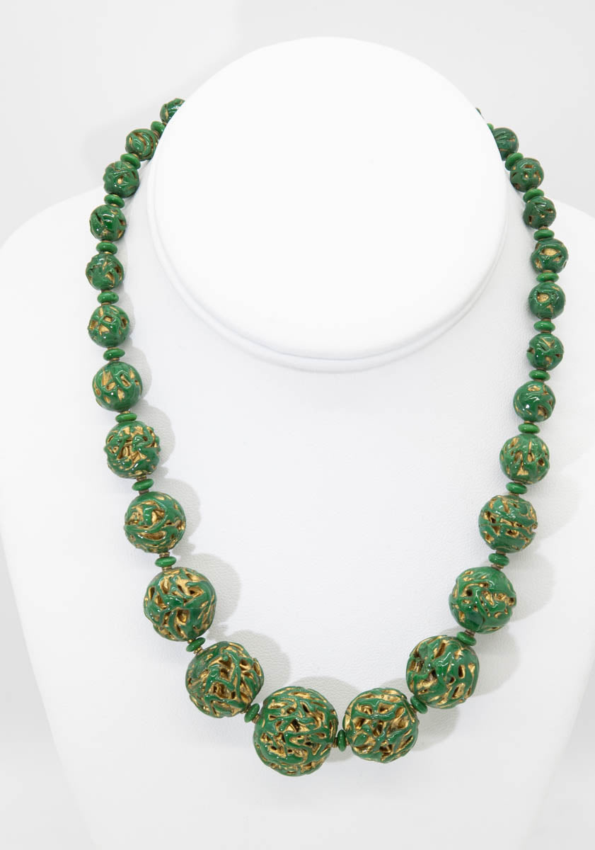 Vintage Layered Green and Gold Ball Graduated Necklace - JD11113
