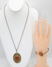Load image into Gallery viewer, Vintage Brass and Brown Cabochon Pendant Necklace and Cuff Bracelet Set - JD11090
