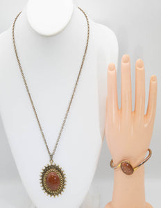 Vintage Brass and Brown Cabochon Pendant Necklace and Cuff Bracelet Set - JD11090