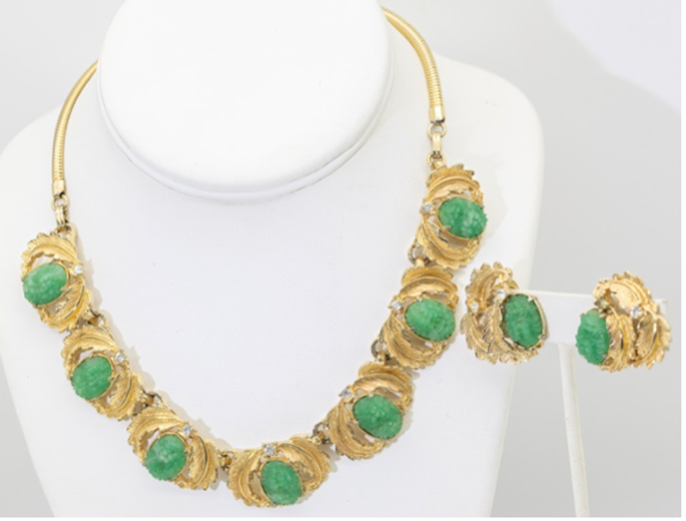 Vintage Hobé Carved Jadeite Stone Necklace and Earrings Set - JD11306