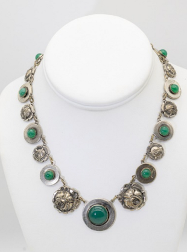 Vintage Faux Silver Necklace with Green Stones  - JD11288