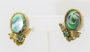 Vintage Green Glass Clip-On Earrings - JD11289