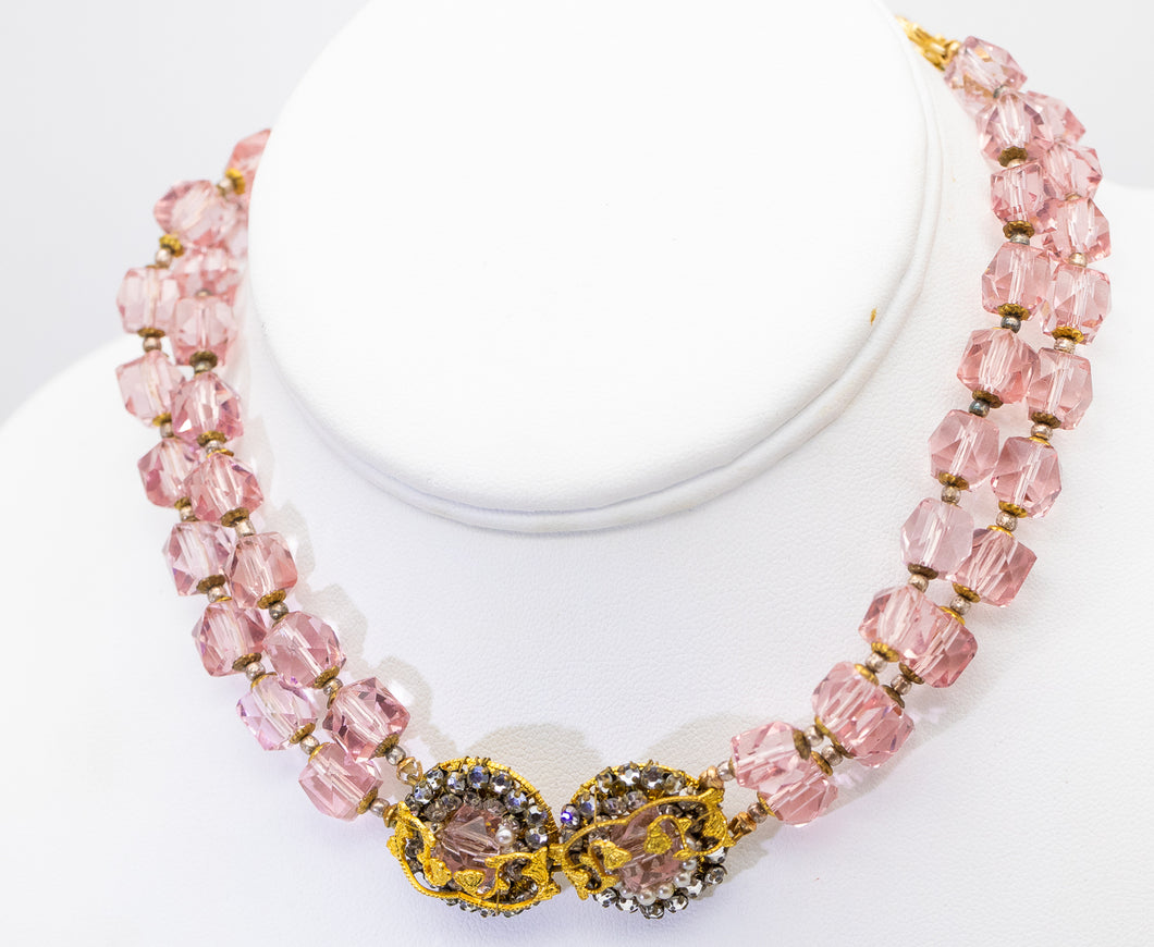 Vintage Unsigned Pink Glass Choker Style Necklace - JD11227