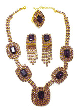 Load image into Gallery viewer, Rare Vintage Czech Amethyst Crystal Necklace, Drop Earrings &amp; Ring