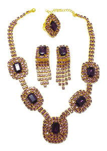 Rare Vintage Czech Amethyst Crystal Necklace, Drop Earrings & Ring