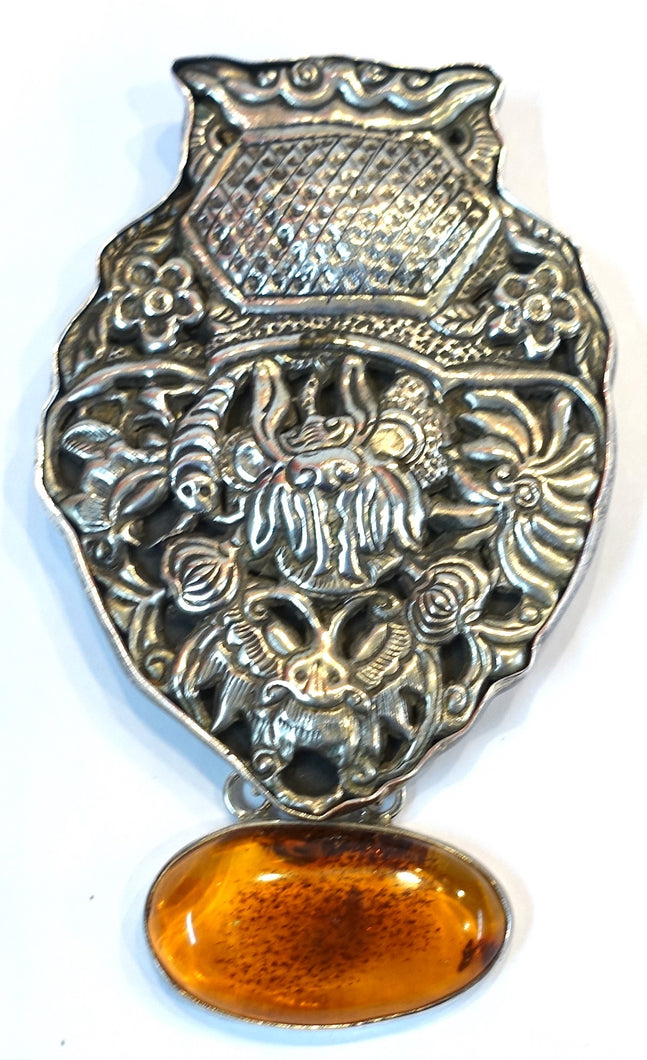 Vintage Signed Amy Kahn Russell Amber & Sterling Silver Brooch/Pendant