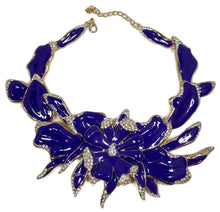 Load image into Gallery viewer, Unsigned Oscar De La Renta Deep Cerulean Blue Enameled Orchid Necklace