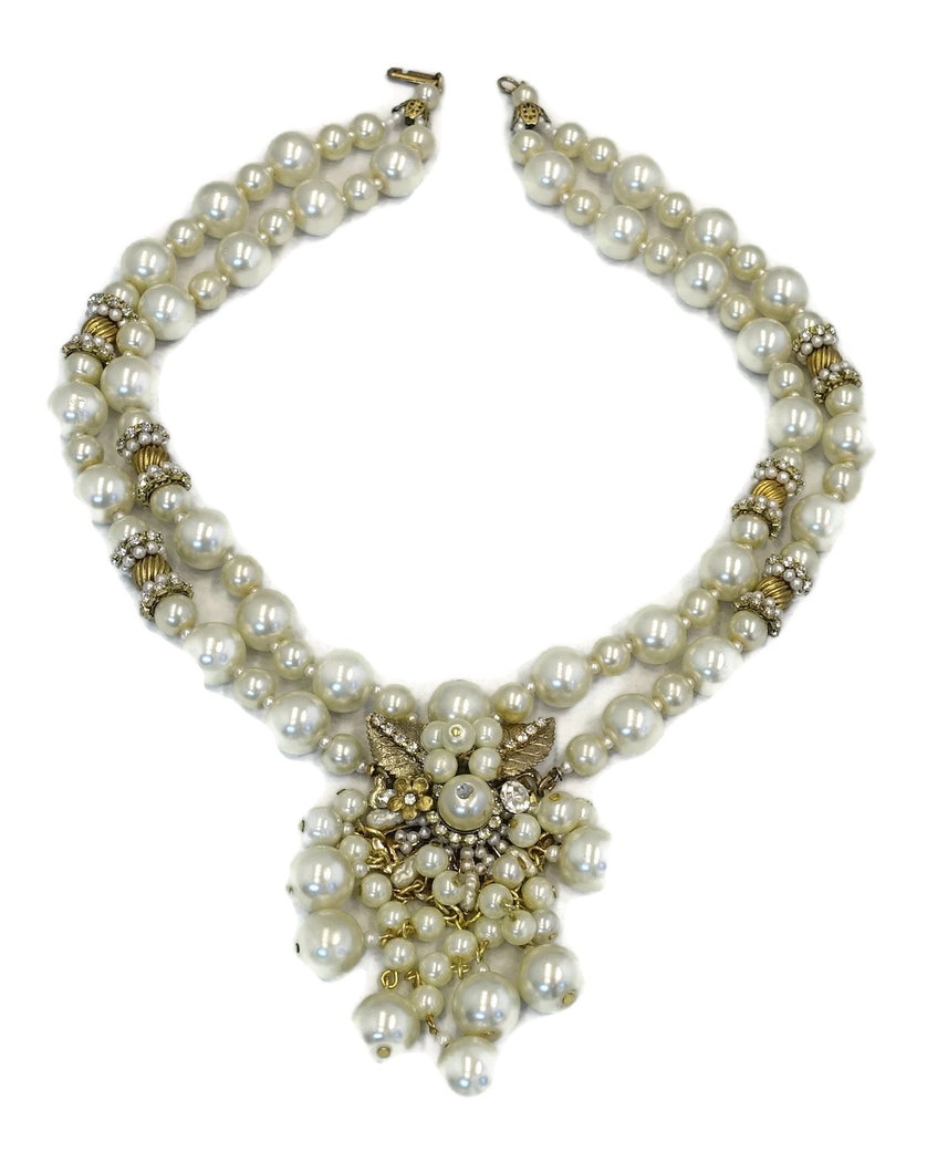 Vintage 1950s Miriam Haskell Faux Pearl & Rhinestone Drop Necklace
