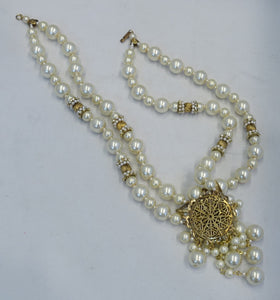 Vintage 1950s Miriam Haskell Faux Pearl & Rhinestone Drop Necklace