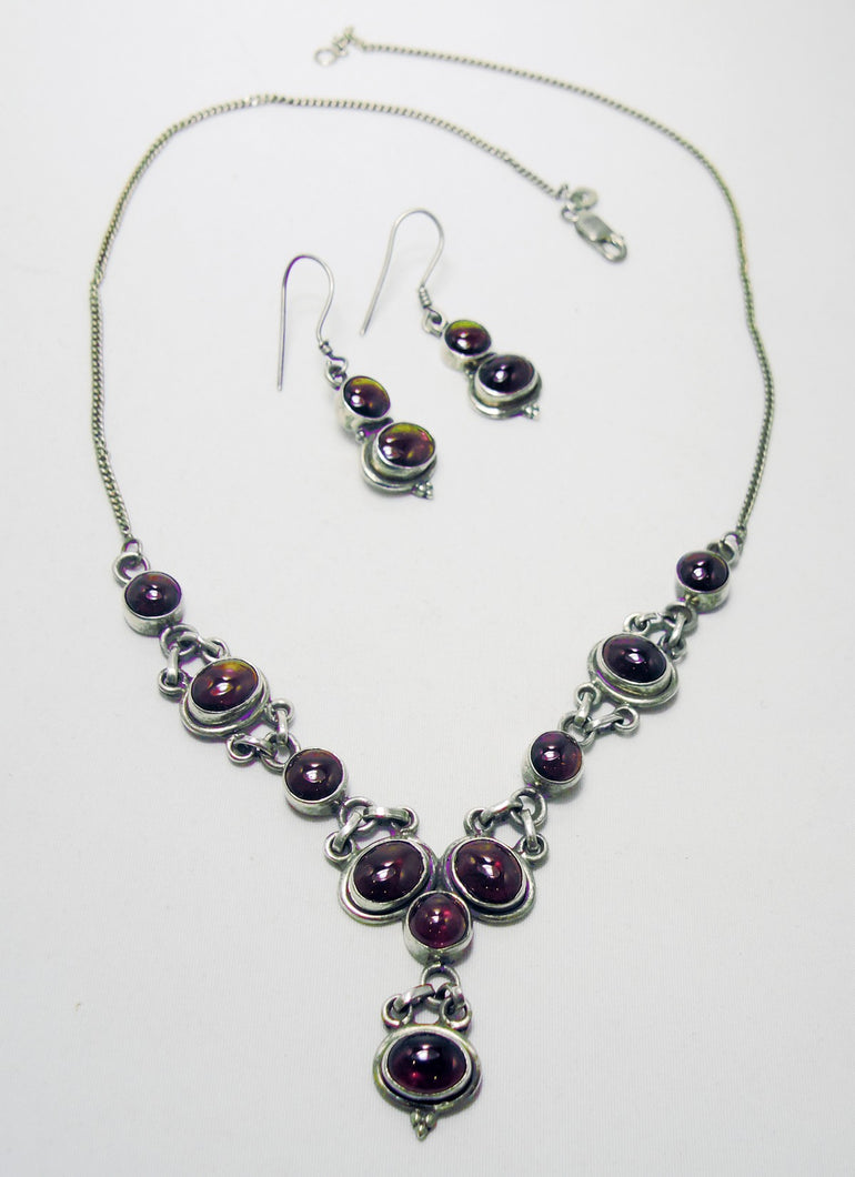 Vintage 1940s Sterling Silver Garnet Necklace & Earring Set