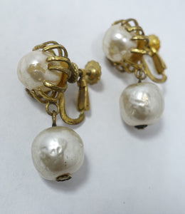 Vintage Signed Miriam Haskell Faux Pearl Drop Earrings