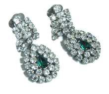 Load image into Gallery viewer, Vintage Signed l950s Austrian Crystal Drop &amp; Faux Emerald Clip Earrings