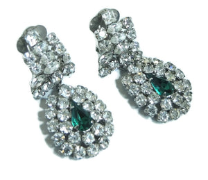 Vintage Signed l950s Austrian Crystal Drop & Faux Emerald Clip Earrings