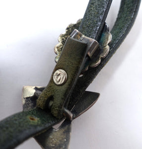 Vintage Signed Arthur Goldstein Sterling Silver & Black & Green Leather Boot Strap Jewelry
