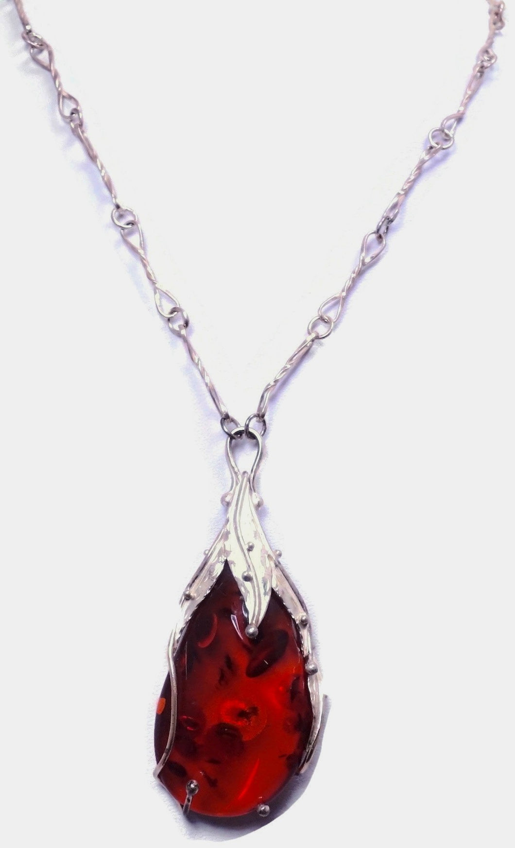 Vintage Amber & Sterling Silver Pendant Necklace