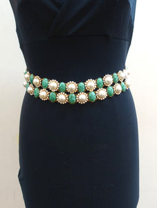 Vintage 1960's K.J. L. Rare Faux Pearl & Green Stone Belt
