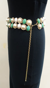 Vintage 1960's K.J. L. Rare Faux Pearl & Green Stone Belt