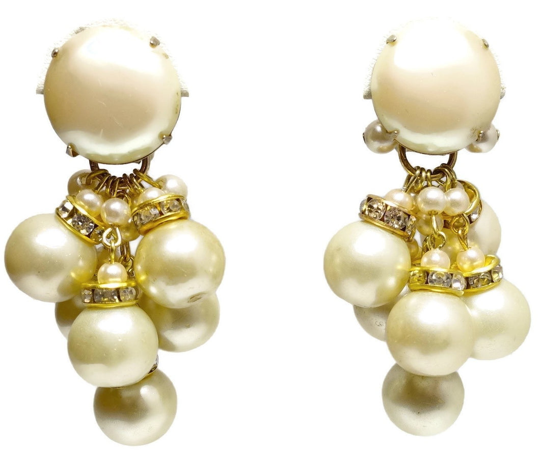 Vintage Signed DeMario Faux Pearl & Crystal Earrings