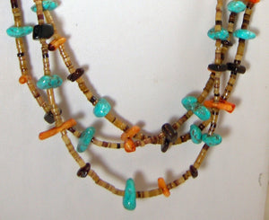 Vintage American Indian Pawn Turquoise, Coral, Onyx Stone 3-Strand Necklace