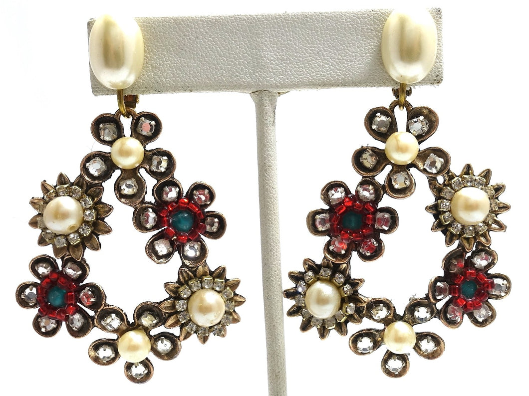 Vintage Faux Pearl & Crystals Floral Clip Dangling Earrings