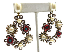 Load image into Gallery viewer, Vintage Faux Pearl &amp; Crystals Floral Clip Dangling Earrings