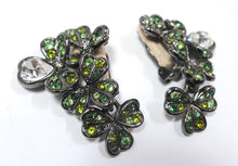 Load image into Gallery viewer, Signed Kenneth Jay Lane Green Rhinestone 4-Leaf Clover &amp; Heart Earrings