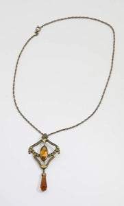 Vintage Deco Topaz Brass Medallion Necklace  - JD10956