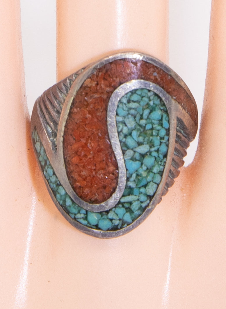 Navajo Pawn Coral Turquoise Sterling Silver Ring - JD10739