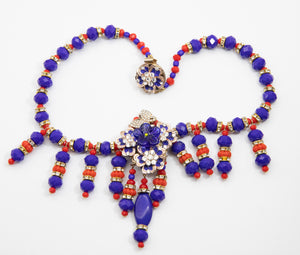 Signed Anka Blue & Red Floral Necklace - JD10597