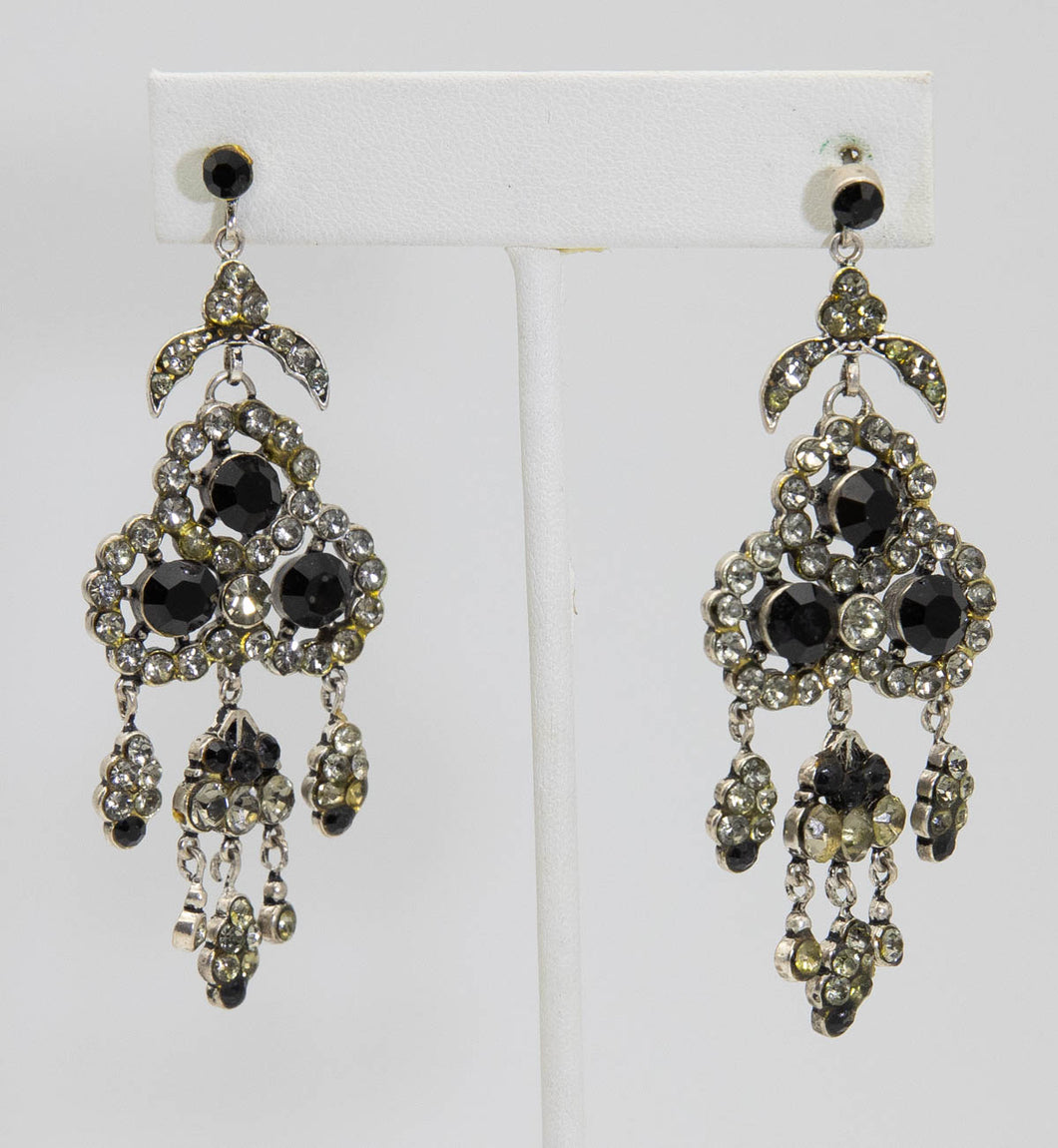 Vintage Drop Black and Clear Rhinestone Pierced Earrings - JD10832