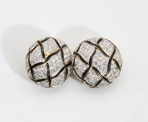 Vintage Rhinestone Earrings with Black Enamel Waves - JD10986