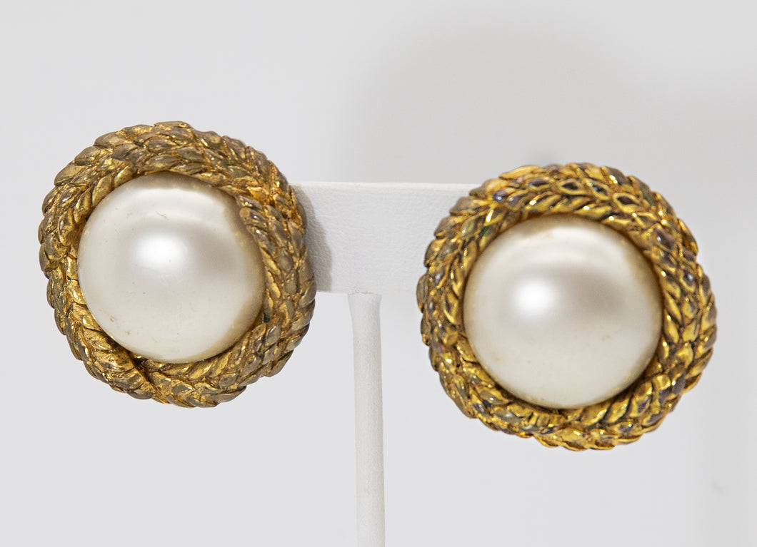 Chanel Silver-Tone Pearl Logo Clip-On Earrings