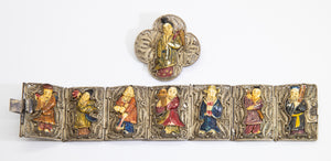 Very Vintage Bracelet and Pin with Asian Detailed Figures - JD10747