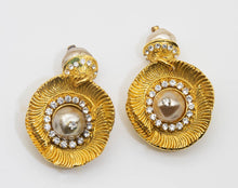 Load image into Gallery viewer, Vintage Claire Deve Paris Golden Disk and Rhinestone Earrings - JD10978