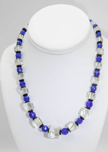 Vintage Square Crystal and Bezel Blue Bead Necklace - JD10974