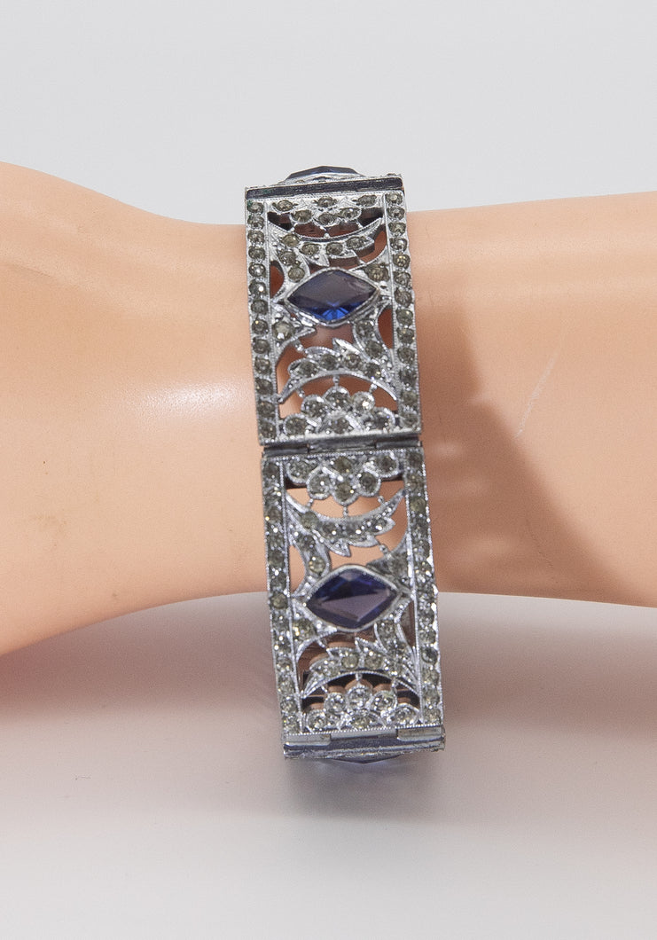Vintage Deco 30s Rhinestone And Faux Sapphire Bracelet  - JD10613