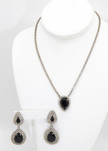 Vintage Unsigned Rhinestone and Black Drops Necklace and earrings set  - JD10741