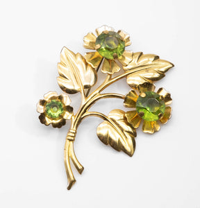 Vintage Golden Flower Spray with Green Stones Pin - JD10937