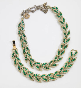 Vintage Signed “Lisner” Green Stoned Faux Gold Bracelet and Necklace Set - JD10975