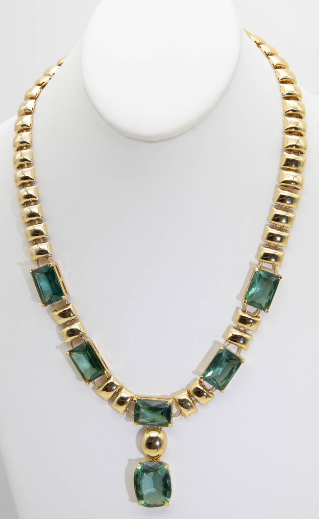Signed MD Vintage Faux Gold and Green Stone Necklace  - JD10817