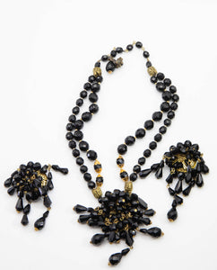 Vintage Signed Miriam Haskell Black Bead Necklace and Earrings Set - JD10898