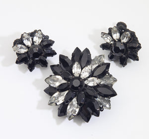 Vintage Signed Miriam Haskell Black and clear rhinestone flower pin and earrings  - JD10710