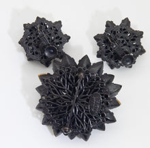 Load image into Gallery viewer, Vintage Signed Miriam Haskell Black and clear rhinestone flower pin and earrings  - JD10710