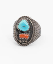 Load image into Gallery viewer, American Indian Turquoise and Coral SS Ring - JD10866