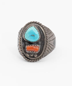 American Indian Turquoise and Coral SS Ring - JD10866