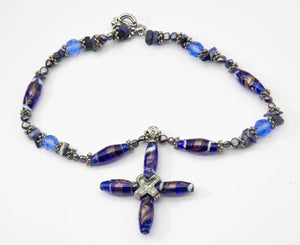 Vintage French Glass and Silver Beaded Cross and Rhinestone Necklace - JD10953