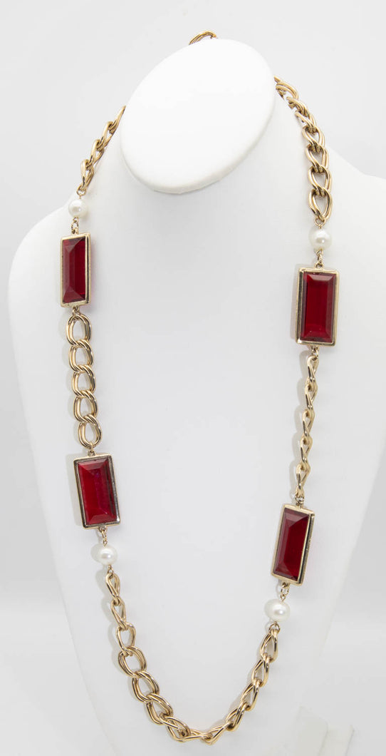 Vintage Chanel-Style Red and Faux Gold Chain Necklace - JD10853