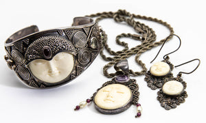 Rare Vintage Asian Faced SS Necklace, Earring and Bracelet Set - JD10824