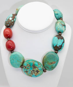 Vintage Sterling Chinese Turquoise and Red Coral Necklace - JD10915