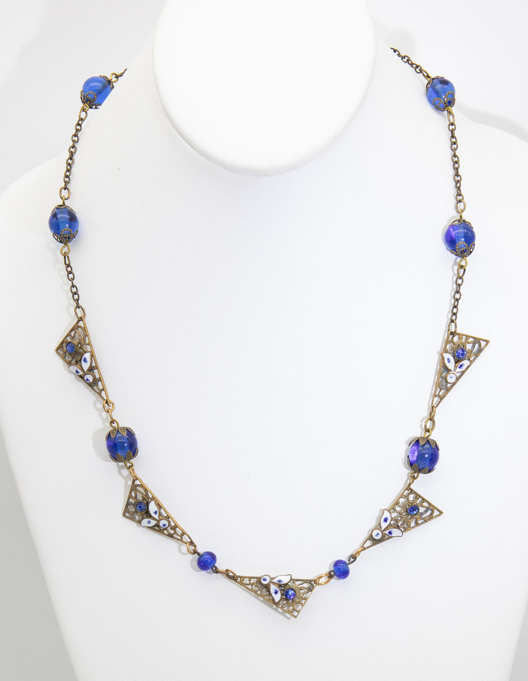 Vintage Czech Blue Glass Enamel Necklace - JD10776